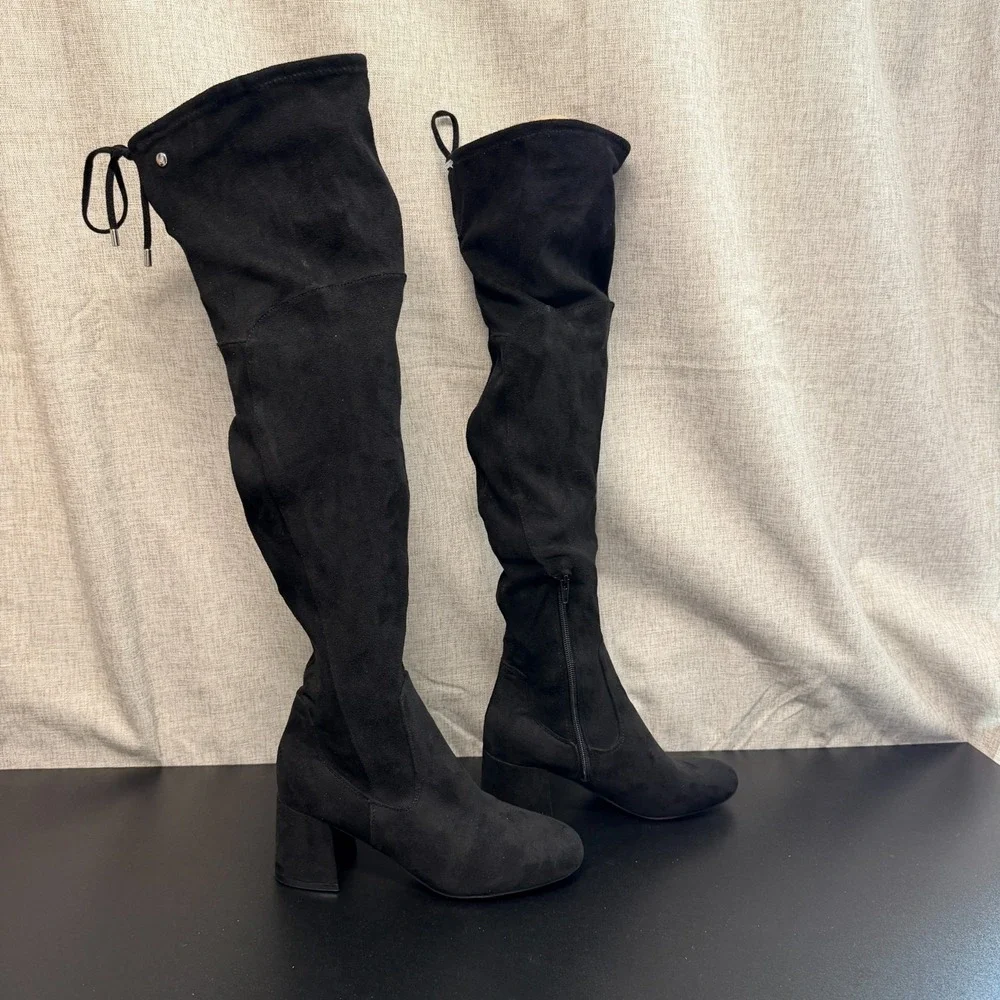 Liz Claiborne Over The Knee‎ Boots Women's 7.5M Black Suede Block Heels Timeless